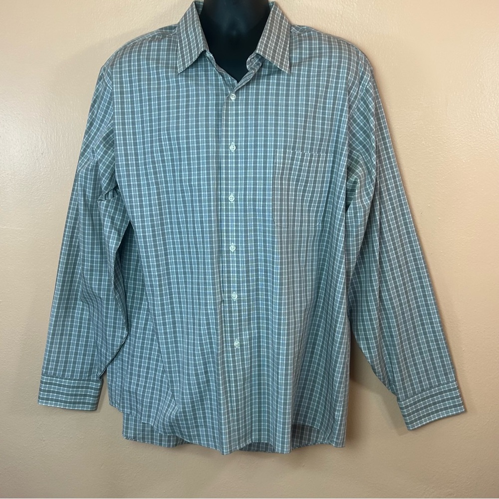 Geoffrey Beene Regular Fit Gray White Plaid Button Down Men XL 18 36/37